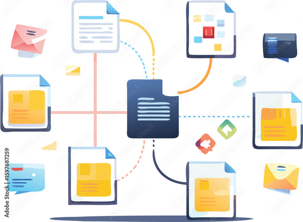 Poster illustration of interconnected documents and envelopes representing a network of information flow