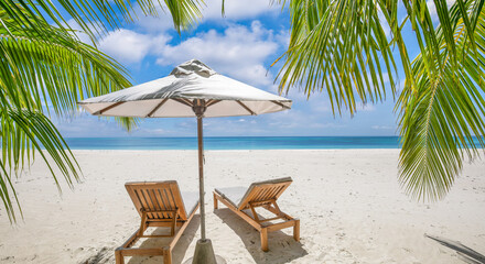  Luxury honeymoon beach landscape panoramic view summer vacation chairs under umbrella palm leaves, romantic couple relaxing by tropical sea sand, sunny sky, colorful nature, scenic paradise escape