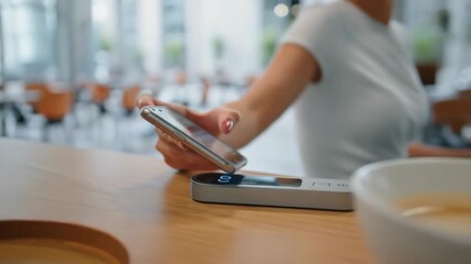 Woman makes contactless payment with smartphone using wireless charging pad in bright modern cafe, demonstrating digital wallet and mobile payment technology for easy transactions - Powered by Adobe