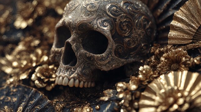 Spooky human skull of the dead on a stone, a scary medical anatomy object perfect for Halloween horror