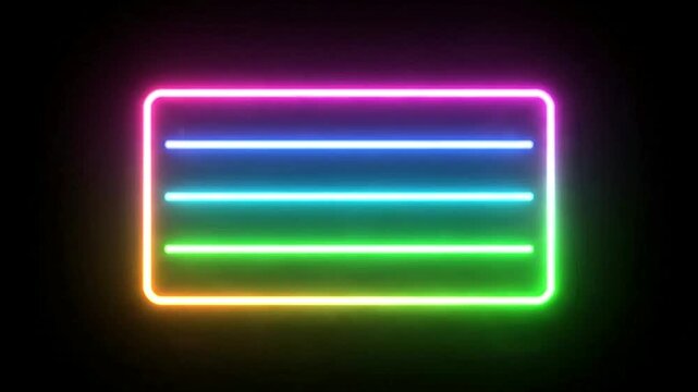 A neon rectangle with four horizontal lines lit in rainbow colors against a black background