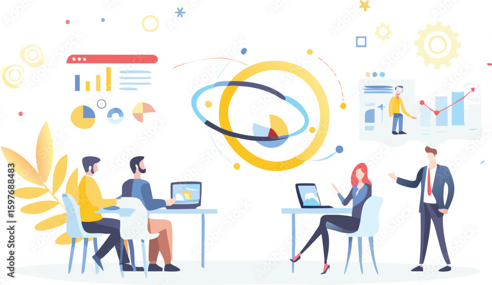 Poster business team meeting with data analysis and presentation in a modern office setting illustration