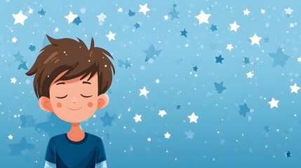 Detailed vector depiction of a joyful customer satisfaction scene featuring a smiling boy with starry elements enhancing the blue background and conveying positive service values.