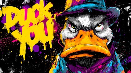 Rebellious Cartoon Duck Emblazoned with Defiant "Duck You" Text Featuring Lively Street Art and Hand-Drawn Spray Effects