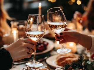 Photo of two friends clinking wine glasses over a festive dinner table