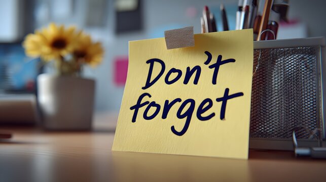 Detailed depiction of a creative sticky memo with a handwritten "Don't forget" reminder in a modern minimalistic office setting