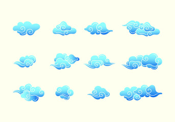 Ornamental clouds icon sign elements set. Chinese, japan, asian waves curly smoke and shapes isolated.