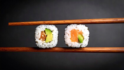 Two sushi rolls on chopsticks (1)