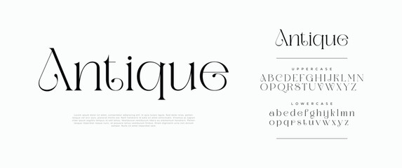 Antique elegant serif font logo. Classic modern typography with decorative uppercase and lowercase letters. Perfect for luxury branding, fashion, editorial, and vintage design. Vector illustration.

