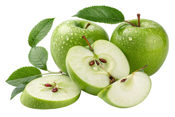 Fresh green apples and slices with water droplets isolated on transparent background