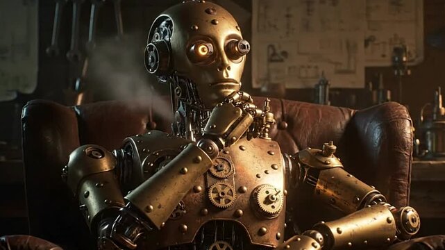 A steampunkstyle robot seated in a leather armchair gazing thoughtfully into the distance within a detailed workshop setting