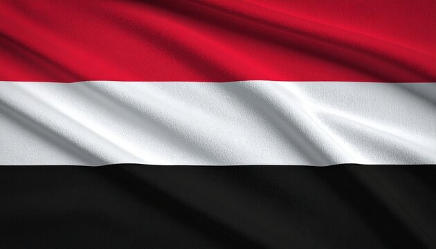 Yemeni flag with horizontal red, white, and black stripes of equal width, waving in daylight against clear sky.
