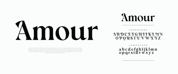 Amour luxury serif font logo. Elegant uppercase and lowercase typography for fashion, beauty, and high-end branding. Classic serif with modern decorative details. Vector illustration.

