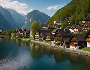 Fototapeta premium small village on the lake, Hallstatt village in Austria. Beautiful village in the mountain valley near the lake. Mountains, landscape, and old town. Travel