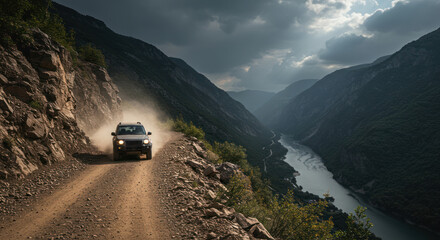 Off-road vehicle drives on mountain road above a deep canyon under a cloudy sky.