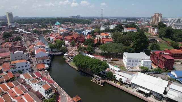 Aerial view of The oriental red neocolonial buildings in Dutch Square, Malacca, a famous historical trading port in 4K slow-motion