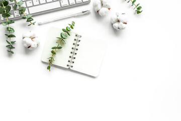 Laptop, cotton branch on white table flat lay copy space. Minimal freelancer desk workspace. Blog...