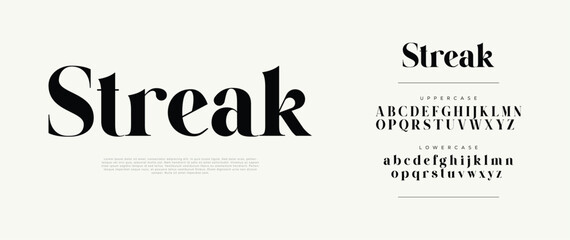 Streak bold elegant serif font. Luxury modern typography with uppercase and lowercase letters. Perfect for branding, editorial, fashion, and logo design. Vector illustration.

