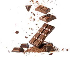 Delicious chocolate bar and pieces falling and scattering isolated on transparent background