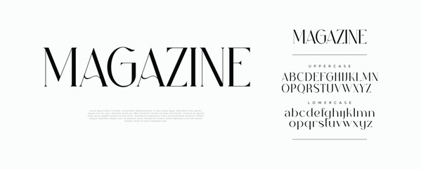 MAGAZINE modern elegant serif font. Stylish uppercase and lowercase alphabet typography for fashion, editorial, branding, and luxury design. Vector illustration.