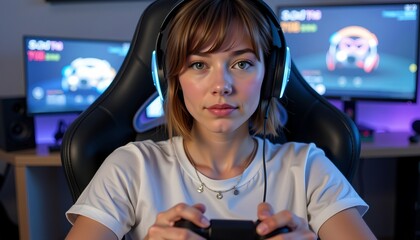 A focused female gamer with illuminated headphones playing video games in a modern gaming setup.