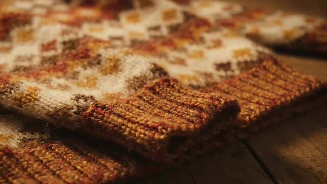 Closeup of a knitted sweater with textured brown ribbed cuffs and a patterned body in white brown and gold