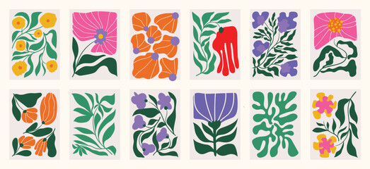 Flower doodle background art vector set. Botanical and leaves abstract shape doodle art design for print, wallpaper, clipart, wall art for home decoration.