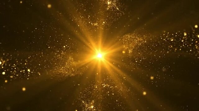 Gold burst with radiant rays and starry particles emanates from a central bright source