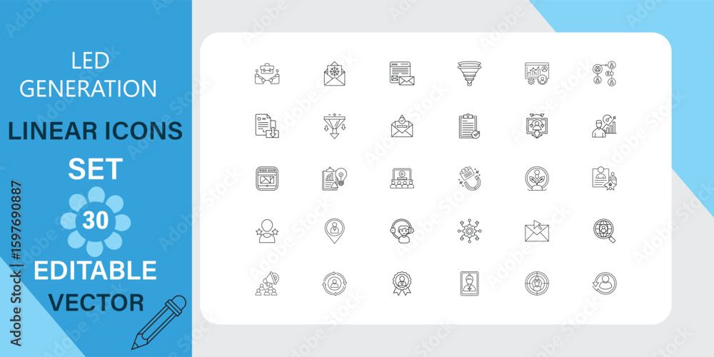 Aufkleber thirty editable vector linear icons showcasing led generation themes. includes various symbols relat