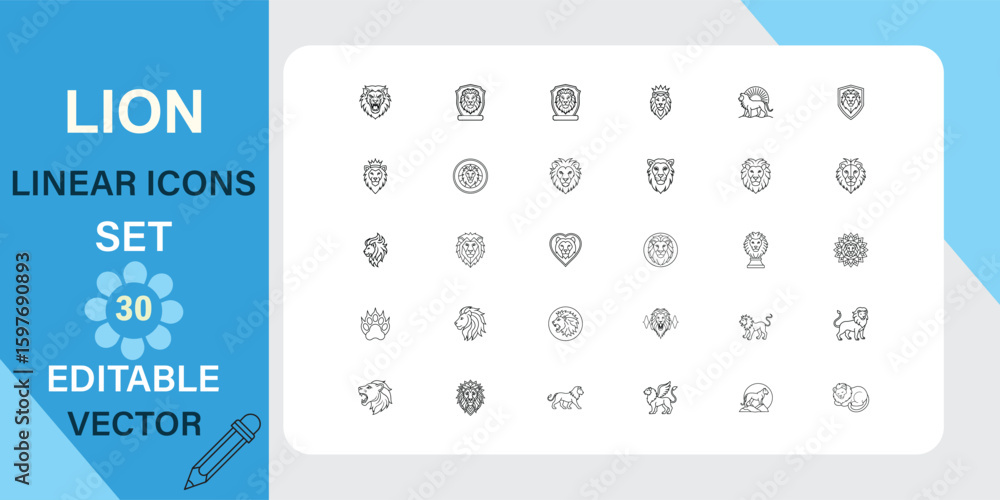 Poster a collection of 30 editable vector lion icons in a linear style.