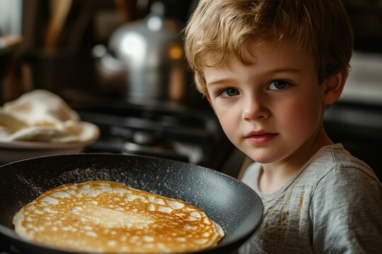 Young boy learning how to make pancakes, standing by the stove and participating in family cooking time, preparing pancake batter and spending the weekend indoors, Generative AI