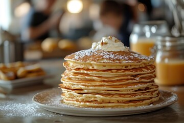 Family enjoying pancakes together in the kitchen, spending quality time in the morning as parents and children bond over a breakfast made with love, Generative AI