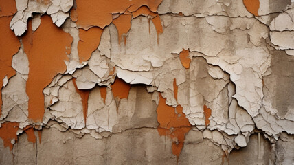 Naklejka premium Cracked and peeling paint on a weathered wall, revealing layers of orange and grey.