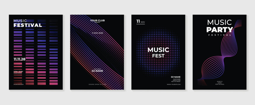 Music poster design background vector set. Electro Sound Cover template with vibrant abstract gradient geometric shape and line wave. Ideal design for social media, flyer, party, music festival, club.