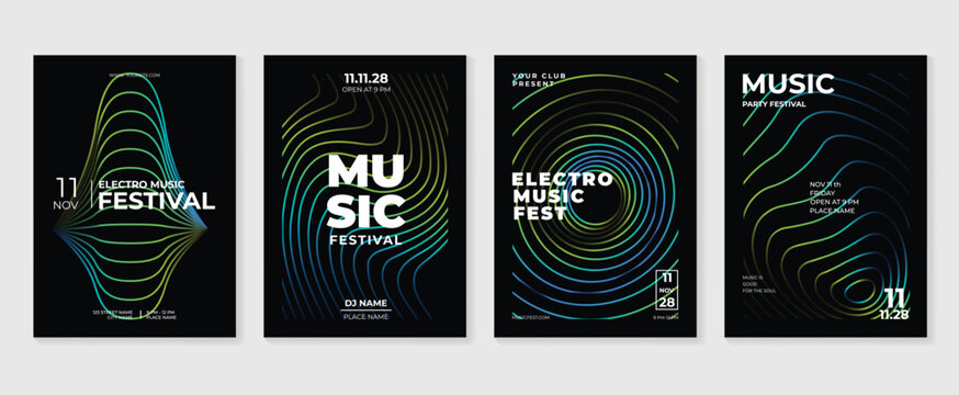 Music poster design background vector set. Electro Sound Cover template with vibrant abstract gradient geometric shape and line wave. Ideal design for social media, flyer, party, music festival, club.