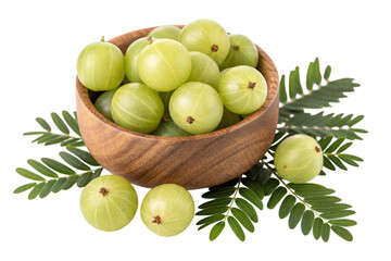 A wooden bowl filled with fresh indian gooseberries and green leaves isolated on transparent background