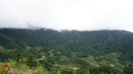 The beautiful mountains landscapes with the green forest and little village as background in the rainy day