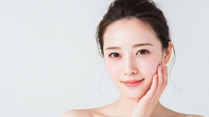 スキンケア後のツヤ肌女性・自然な微笑み