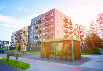 Bicycle parking in residential area at modern apartment buildings. Bicycle storage hangar at...