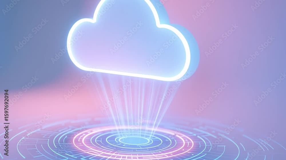 Poster ai driven cloud systems with glowing neon cloud icon showcasing futuristic digital network connectio