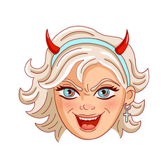 Female person is laughing maliciously. Devilish laughter. Avatar. Vector illustration.
