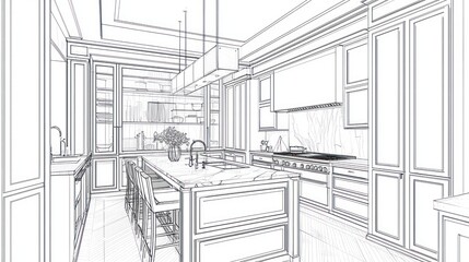 Architectural drawing of a luxurious kitchen design.