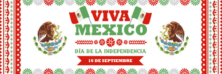 Viva Mexico Independence Day 16 september 2025 banner design with Mexican flag symbol and traditional papel picado pattern decoration . Translation : Long Live Mexico, Happy Independence day!