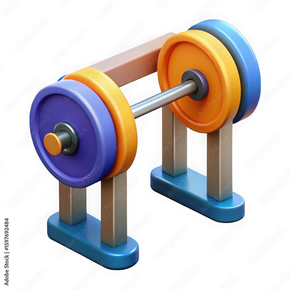 Poster stylized 3d barbell with colorful weights on a rack isolated on transparent background
