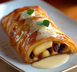 Apple strudel with raisins and syrup on a white plate, served with whipped cream and mint