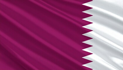 Qatari flag with vertical white and maroon bands separated by serrated line of nine triangles, flying against clear sky.