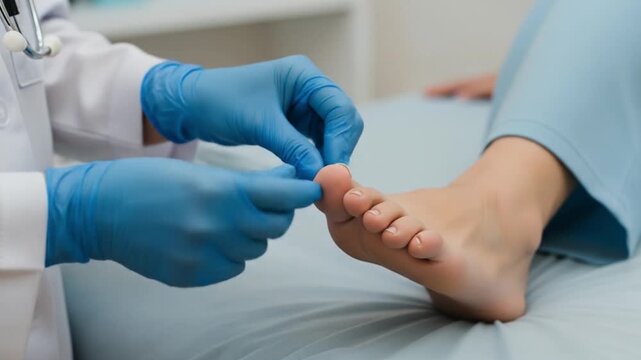Medical professional in blue gloves inspects toe fungus on patient. Suitable for healthcare or dermatology content related to foot conditions.