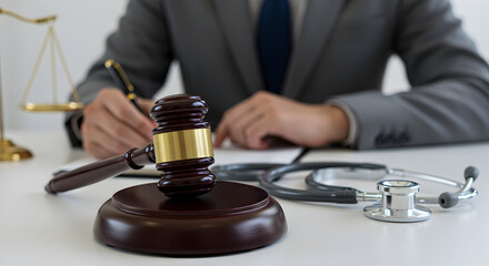 Law and Medicine Concepts Gavel and Stethoscope on White Table with Gray Suit Attorney Writing Legal Documents In Soft Lighting