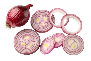 Whole red onion and sliced rings isolated on transparent background