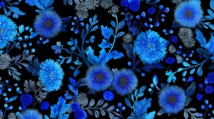 Vivid Waterblue Themed Whimsical Pattern with Playful Digital Art Elements on a Solid Black Background